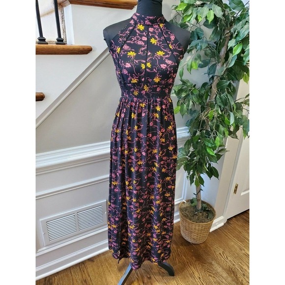 Unbranded Dresses & Skirts - Black Floral Women's Cotton Halter Neck Pleated Sleeveless Long Maxi Dress S